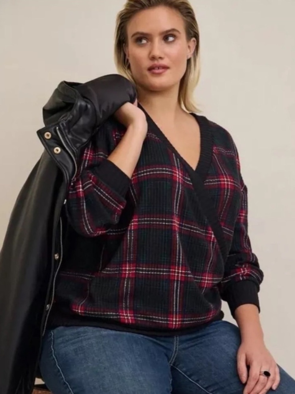 Torrid Black and Red Plaid Faux Wrap Front Waffle Knit Top Size 00 (M/L)
